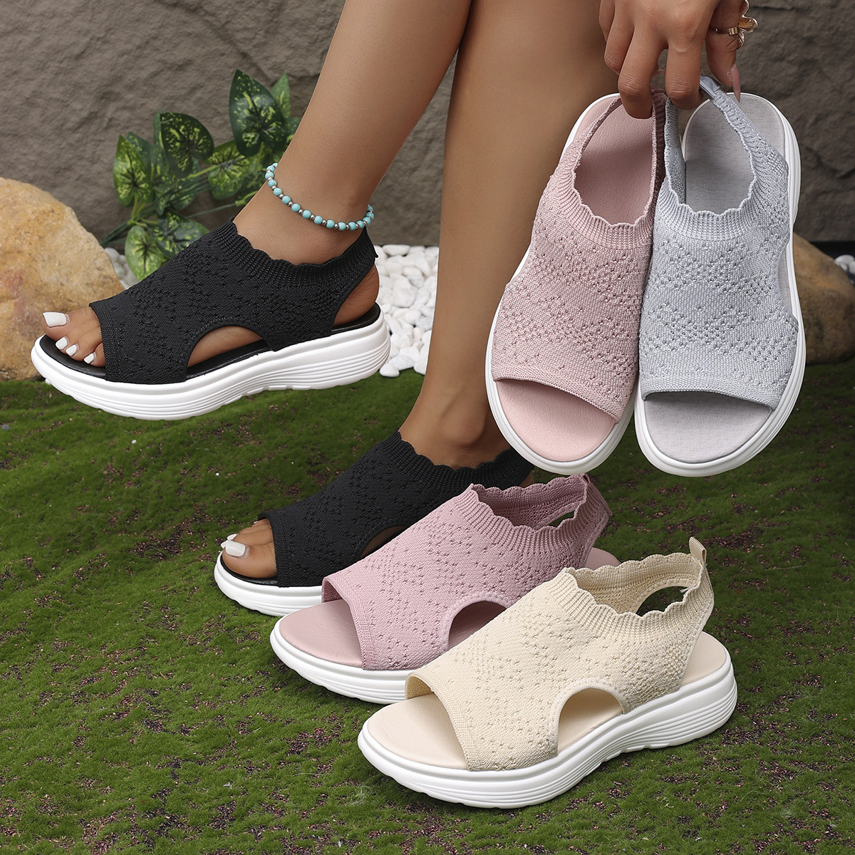 Summer Fashion Casual Beach Shoes for Women, Slip-On Fly-Knit Sandals, Flat Hollow-Out Open-Toe Roman Shoes, Cross-Border Women's Shoes