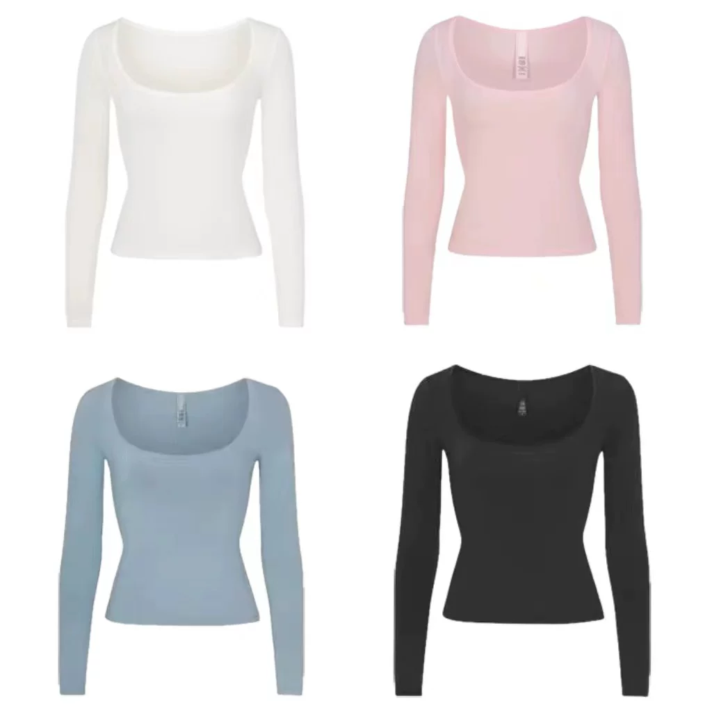 Skims Kardashian Style Square Neck U-Neck Modal Stretch Slim Long-Sleeve T-Shirt Base Layer Women's Top