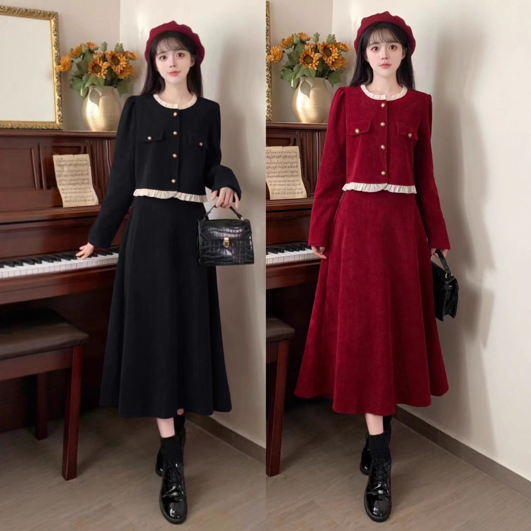 Autumn and Winter Small Fragrance Suit Skirt Slimming Look Top Large Size Fat mm French Red Corduroy Half Dress