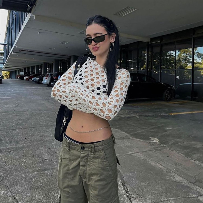 European and American Style 2025 New Summer Women's Fashion Sexy Cut Out Fishnet Long-Sleeved Knitwear