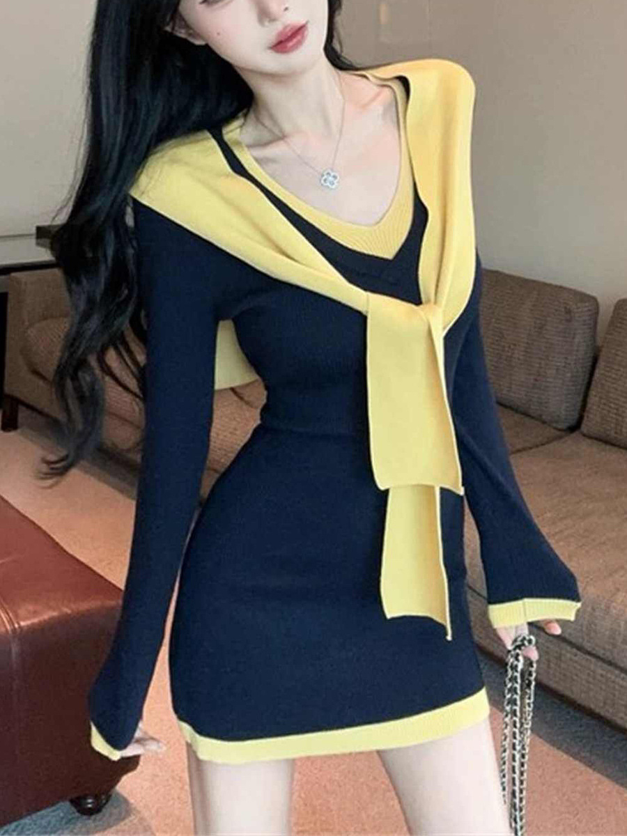 Academy-Style Navy Collar Long-Sleeve Knit Dress for Women, Spring Style, Pure and Sexy Bodycon Dress, Faux Two-Piece Sweater Dress