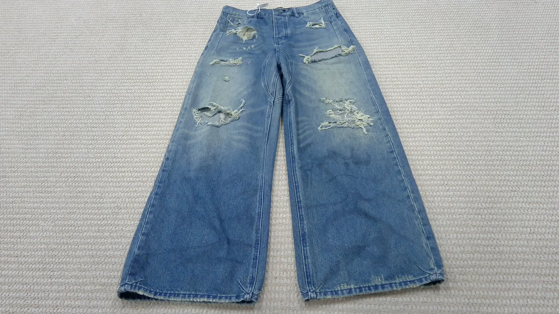 No Faith Studios Frayed Ripped Dirty Pants Washed Blue Wide-Leg Scimitar Baggy Jeans for Men