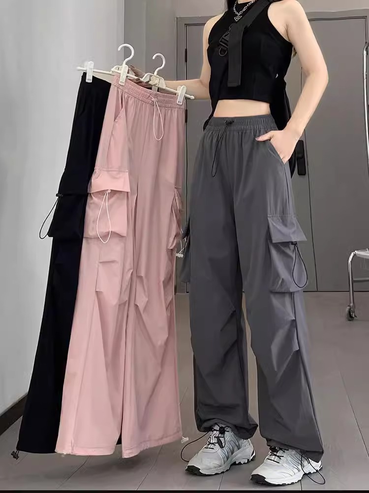 American-Style Work Pants for Women, Spring/Summer 2026 New Casual Pants with Large Pockets, Loose Fit, Quick-Dry Parachute Sports Pants