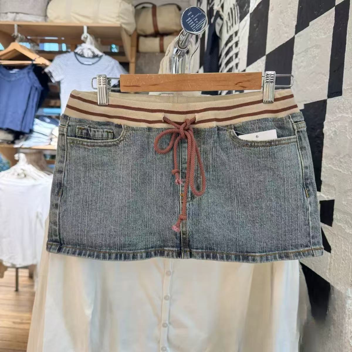 Bm Elastic Waist Tie Denim Skirt Short Skirt American Retro Bm Sexy Style Versatile Slimming Look Skirt Hip Skirt