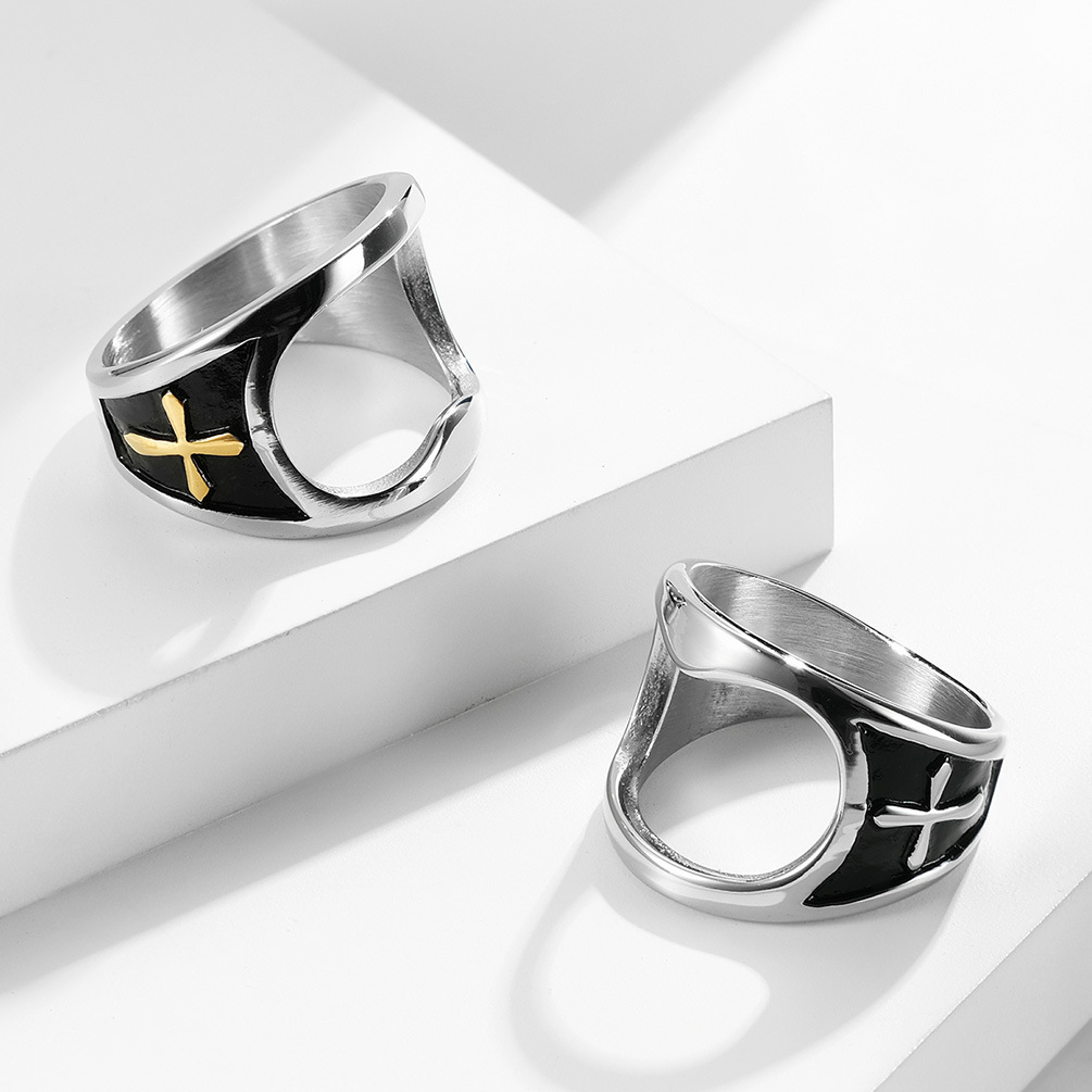 Embossed Cross Functional Titanium Steel Bottle Opener Ring Niche Stylish Nightclub Disco Student Hand Jewelry