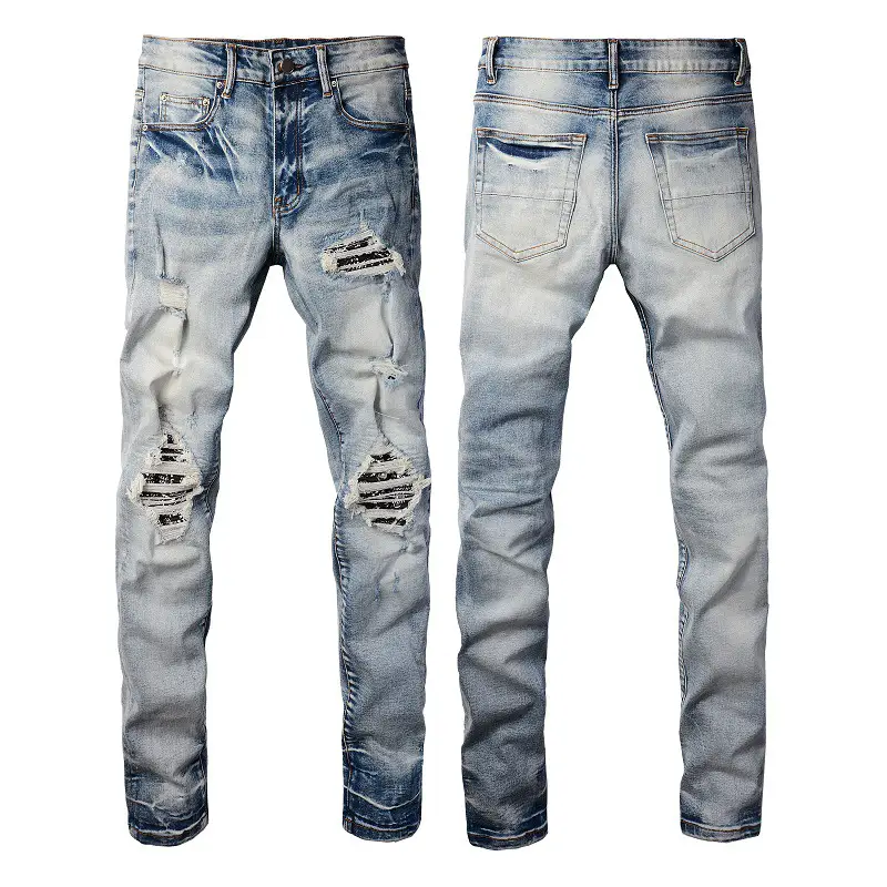 TRENDAMIRI 6666 high street fashion brand ripped patch jeans vintage men's Stretch Slim High Street Denim