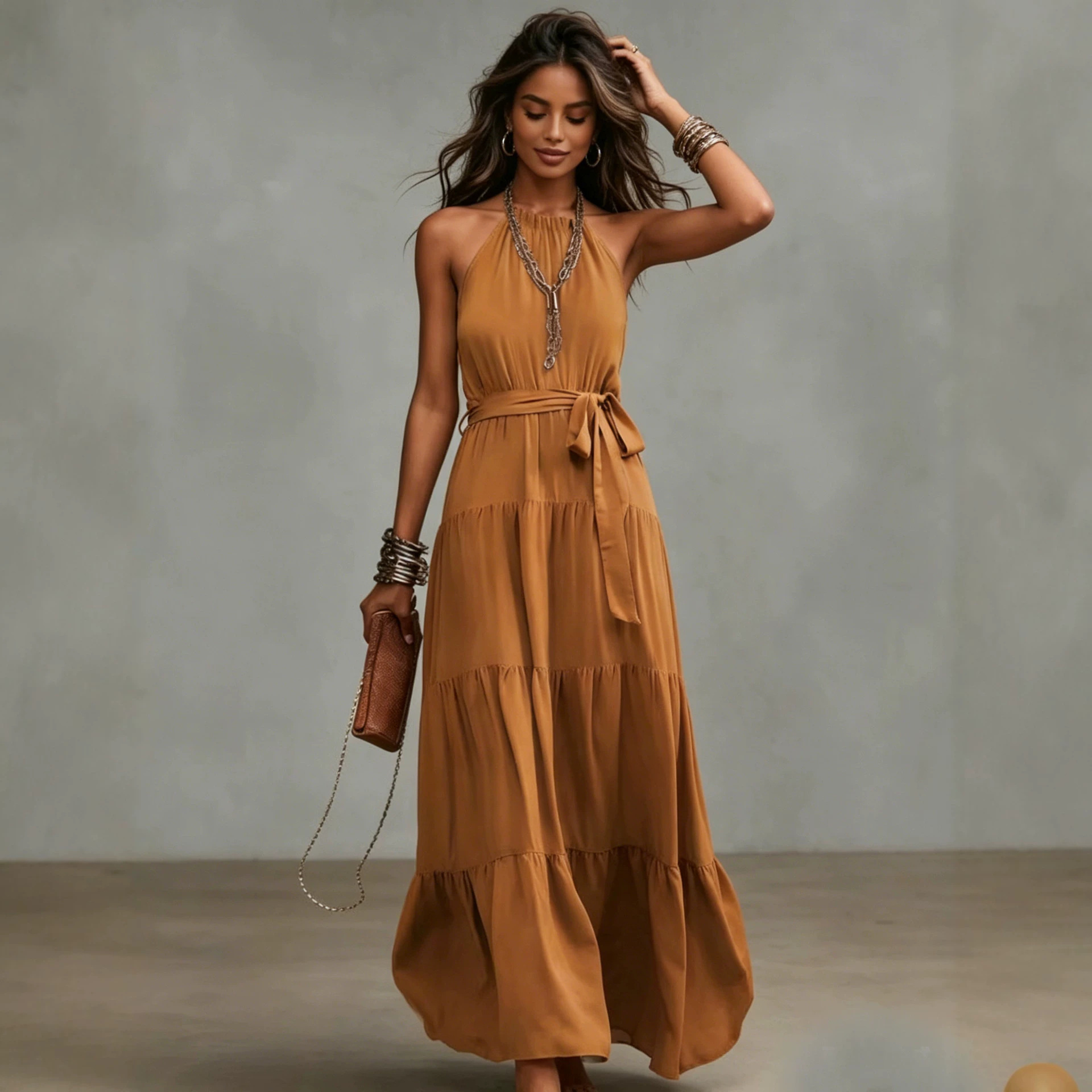 European and American Style Summer New Solid Color Sleeveless Halter Neck Backless Long Dress for Women, Holiday Style Flowing Dress