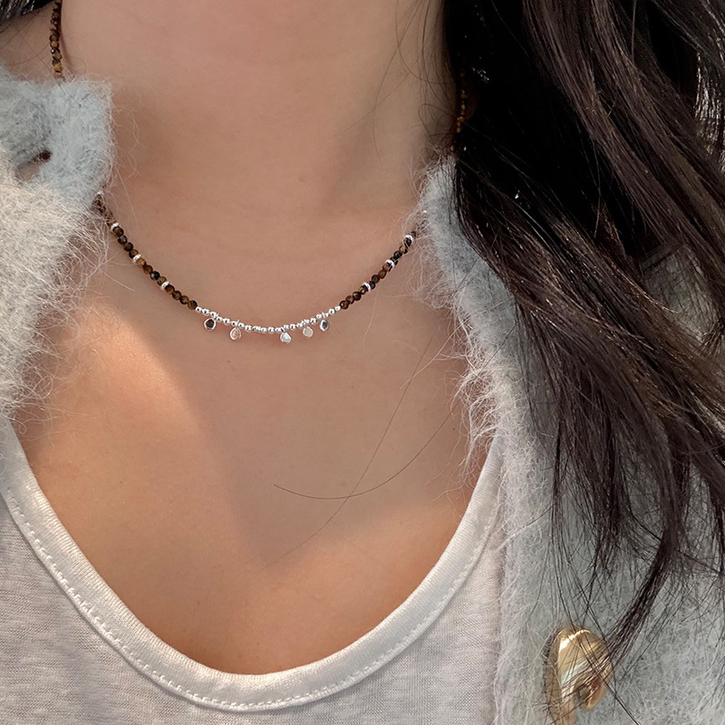 925 Sterling Silver Small Disc Silver Beads Tiger Eye Stone Necklace Women's Simple Handmade DIY Design Beaded Clavicle Chain N0919