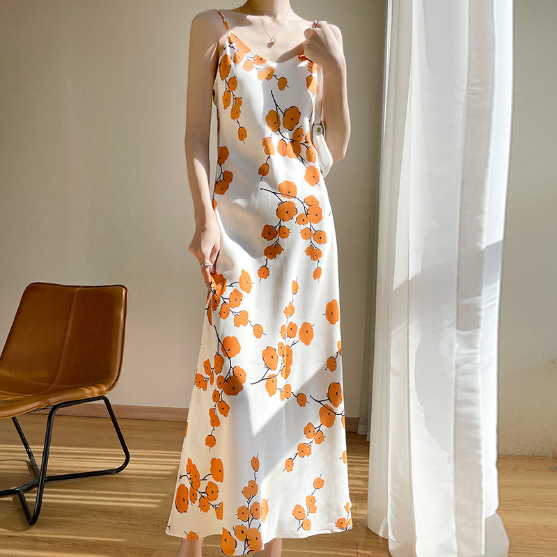 Summer Women's Sling Acetic Acid Imitation Silk Dress Printed Sleeveless Base Shirt Suit Satin Elegant Inner Skirt