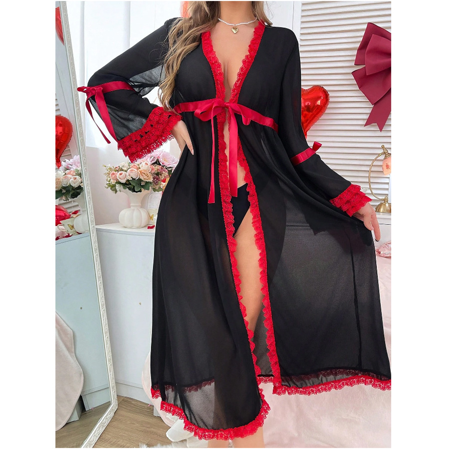 New Cross-Border Foreign Trade Style European and American Long See-Through Bathrobe, Sexy Nightgown, Passionate and Alluring Home Lace-Up Lingerie