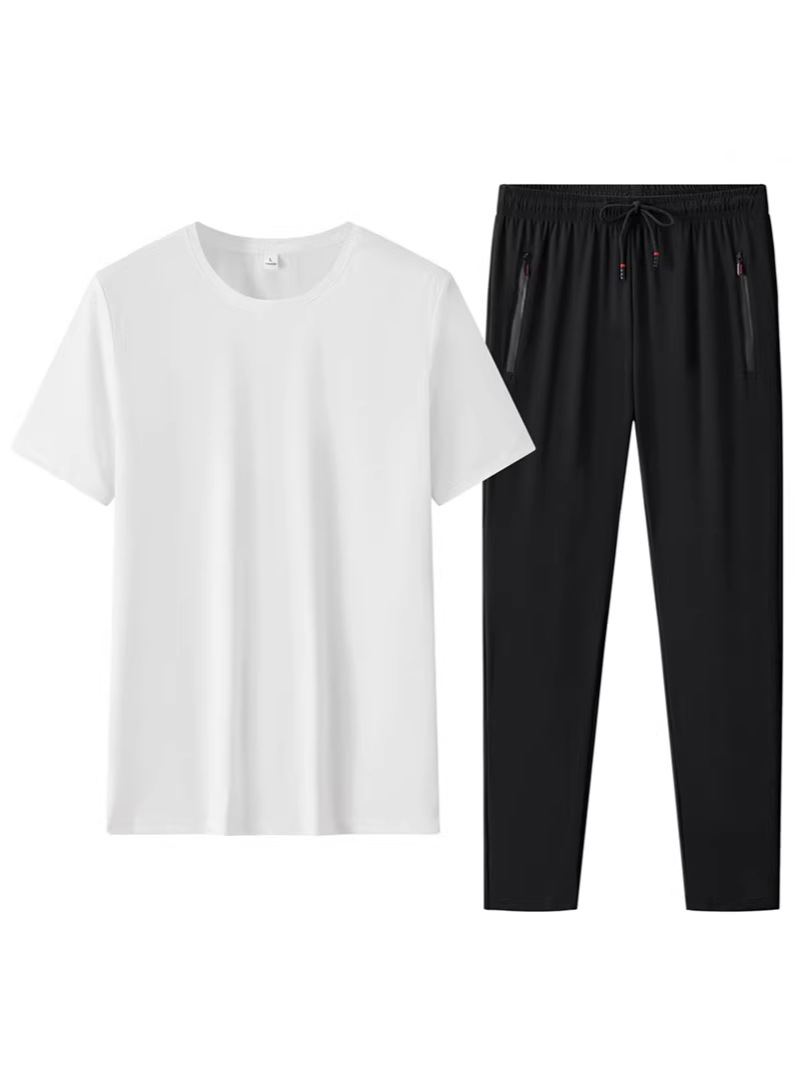 Ice Silk Casual Sports Suit for Men, Summer Quick-Dry Breathable Running Outdoor Large Size Short-Sleeve Long Pants Two-Piece Set