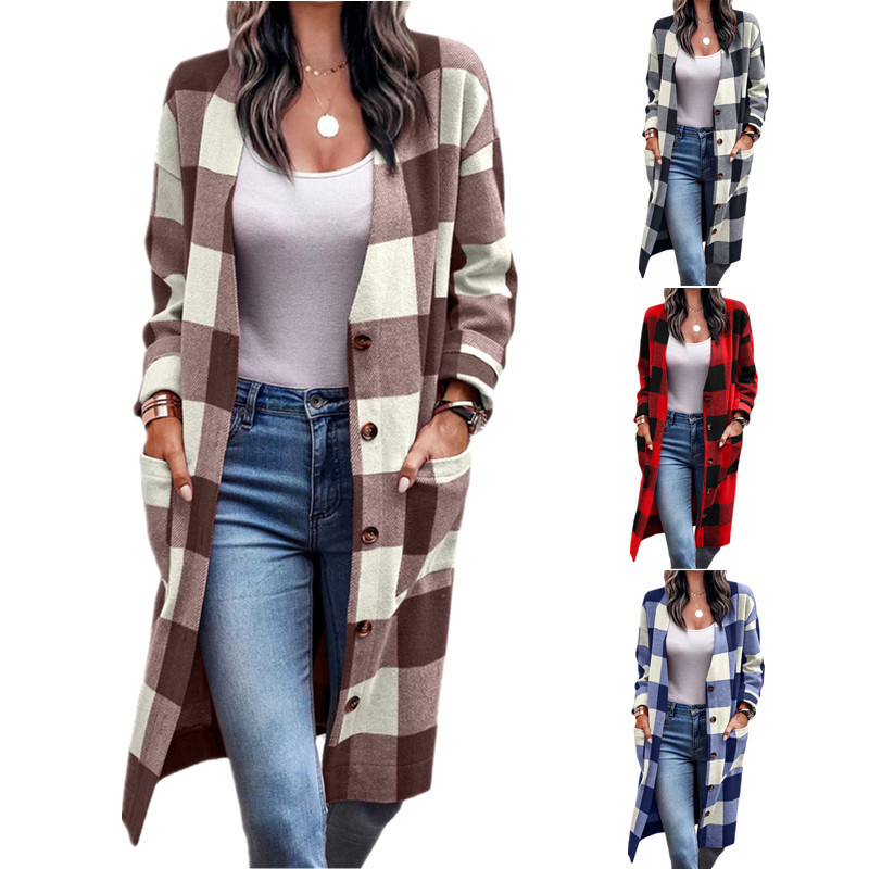 2023 spring and winter Europe and the United States cross-border foreign trade new women's loose plaid button pocket printed coat cardigan