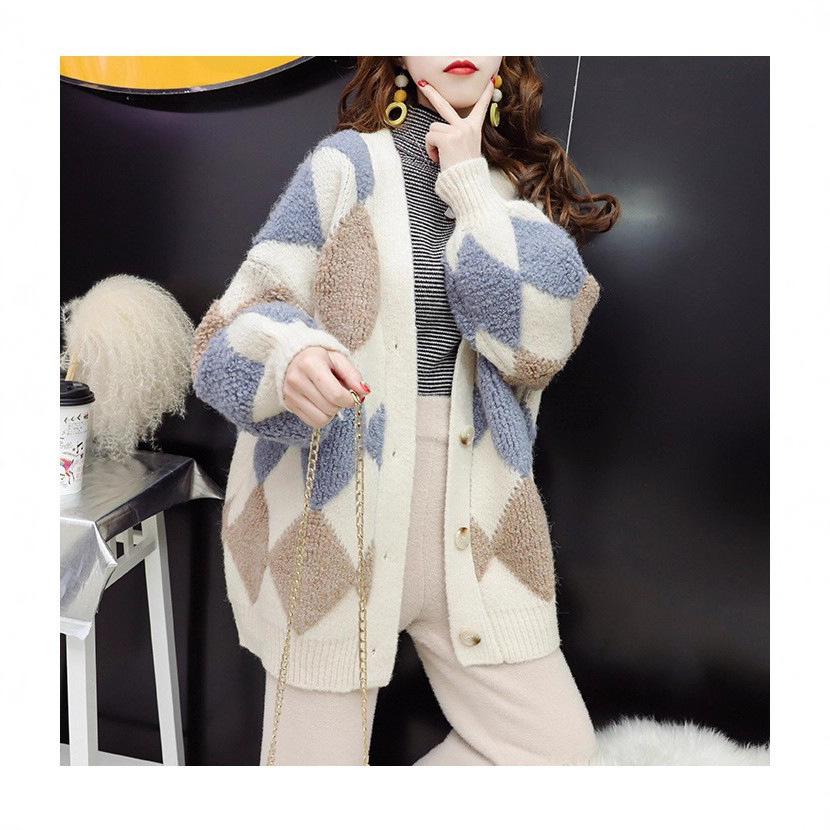 Cat Ning Autumn and Winter Korean Style Mid-Length Knit Sweater Casual Lazy Style Loose Thickened Sweater Women's Coat Plaid