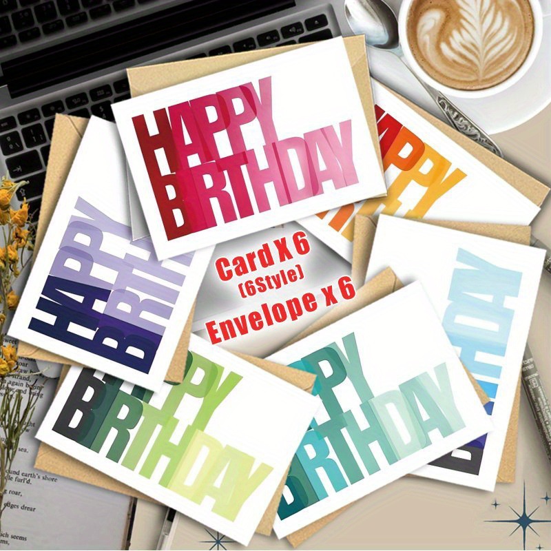 Cross-Border New Colorful Birthday Card Set 6Pcs Simple Handwritten Blessing Birthday Cards with Envelopes in Stock