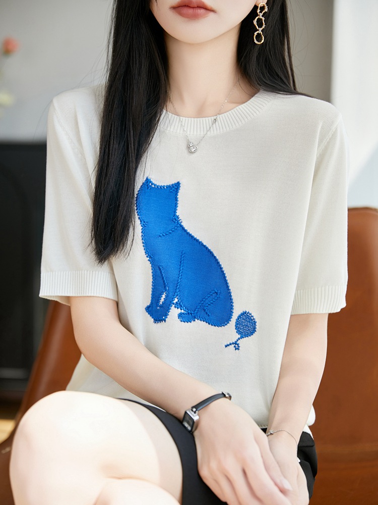 Round Neck Pullover Cat Print Short-Sleeve Women's T-Shirt, New Summer Style Half-Sleeve Knit Top, High-End Base T-Shirt for Women