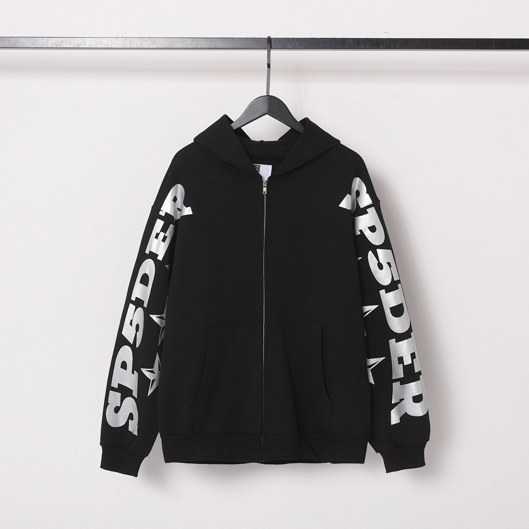 555555 American Trendy Brand Sp5Der Spider Web Silver Letter Print Unisex Zipper Jacket Hooded Sweatshirt