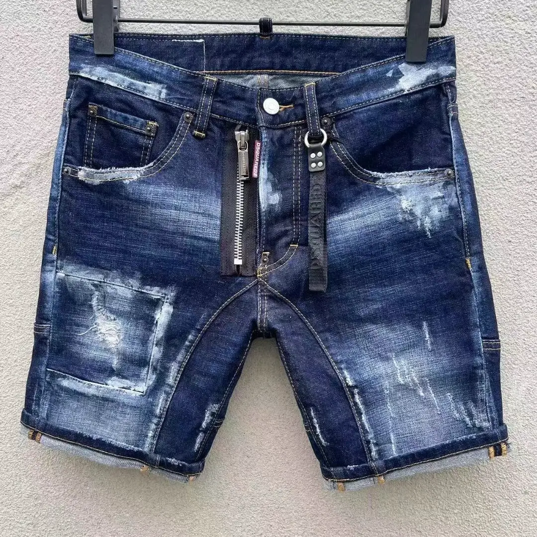 24 Summer New arrival Men's Denim D2 silm Elastic Washed Splash Ink shorts Ripped Five-Quarter Pants Zipper D307