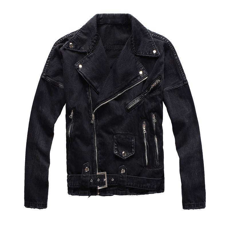 Trendy Personalized Jacket Man Punk Style Diagonal Zipper Slim Short American Motorcycle Denim Jacket 425