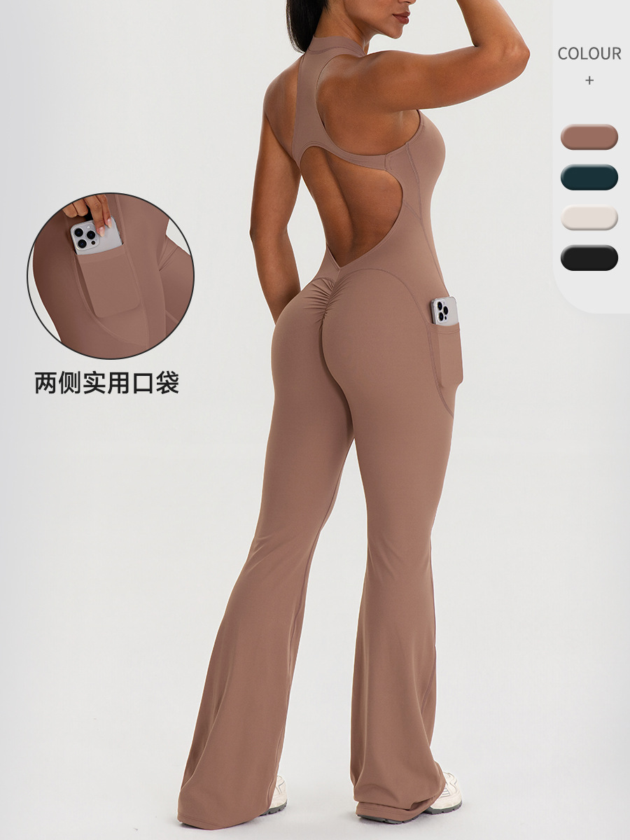 European and American Style Women's Sleeveless Yoga Jumpsuit with Pockets, Sexy Backless, Tight-Fitting, Butt-Lifting, Flared Jumpsuit 62105