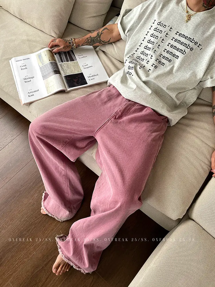 Oxfreak'Dopamine Pink Frayed Hem' A-Line Jeans Men's Straight Loose Baggy Pants