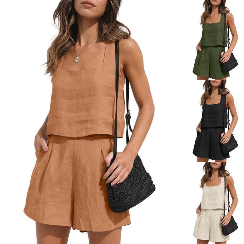2026 Amazon New European and American Foreign Trade Women's 2-Piece Casual Suit Linen Shorts Sleeveless Top Vest