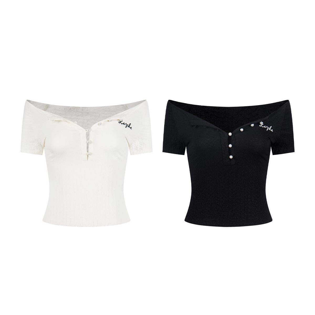 Unbdns Black Pearl Henley Collar Short-Sleeve T-Shirt for Women, Summer Slim-Fit Niche Style, Off-Shoulder Crop Top
