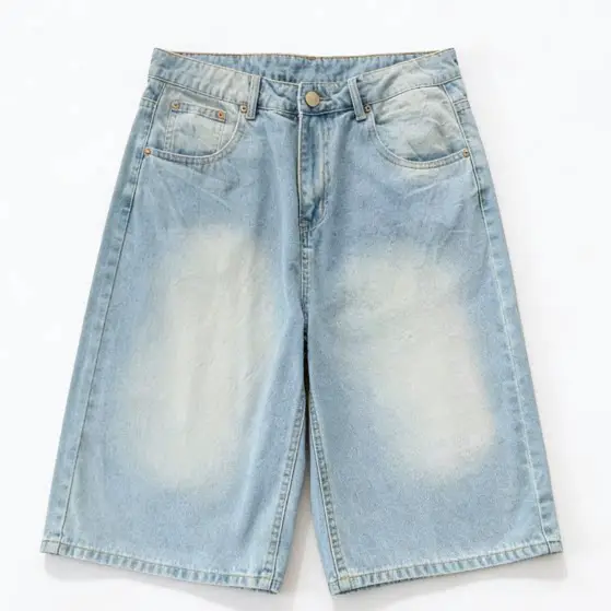 Red and Yellow Vertical Stripes on the Back Pocket, Red Oval Design, Two-Tone Denim Shorts 77040552