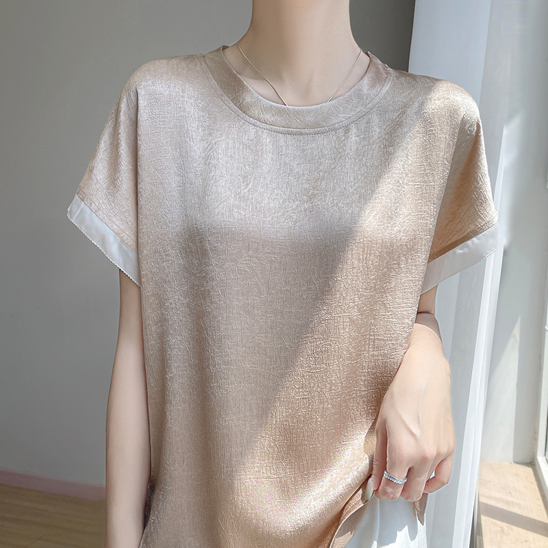 Summer Classy Textured Acetate Satin Short-Sleeved Feminine Round Neck T-Shirt Half-Sleeved Fashionable Versatile Silk Top