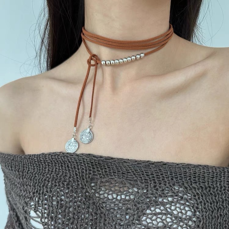 Vintage Multi-layer Beaded Round Brand Pendant Long Neck Strap Necklace Women's Niche High-end Suede Clavicle Chain Waist Chain