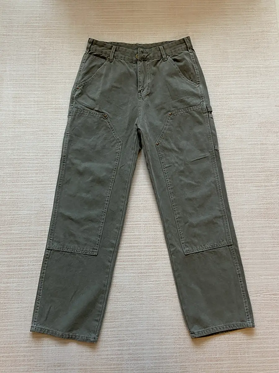 Military Green Rivet Cargo Pants for Men, Spring and Autumn Cleanfit Double-Knee Lumberjack Pants, Loose Casual Flared Straight-Leg Pants