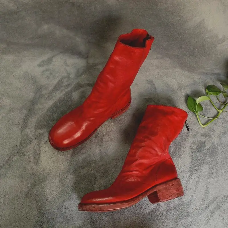 Guidi Ghost Emperor 788 Horse Hip Leather Washed Zipper Boots Women's Old Pleated Middle Boots Thick Heel Leather Bottom Inverted Boots-Cousin's Handmade Shoes