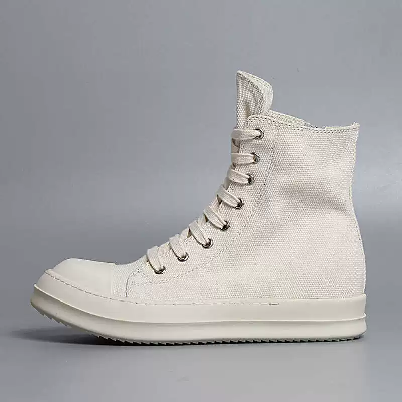 Infringing RO high top shoes men's beige canvas shoes milk scented thick sole height increasing board shoes side zipper short boots couple trend