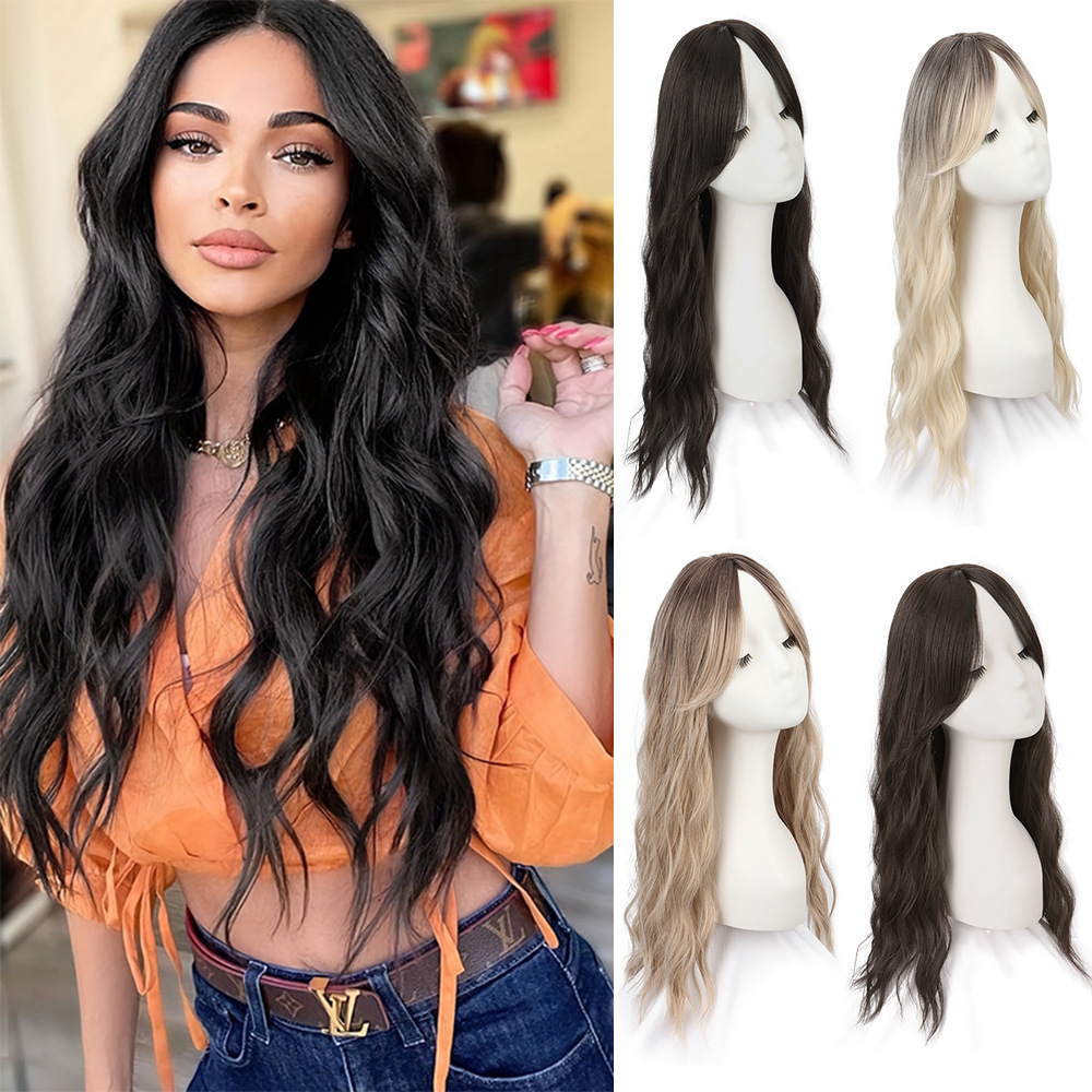 European and American Gradient Color Wig with Bangs, Synthetic Fiber Water Wave Hairpiece for Women, Breathable and Volumizing Long Curly Hair