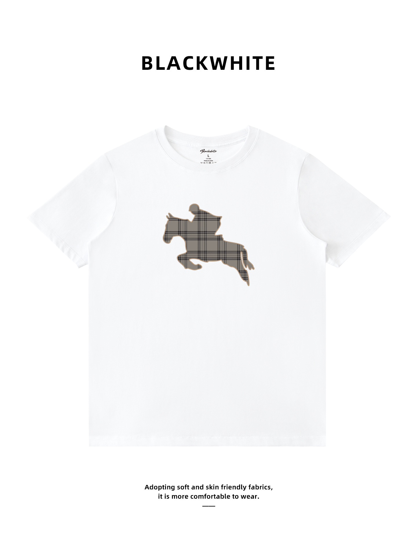 Light Luxury British Style Plaid Horse Print T-Shirt for Men, American Style Loose and Comfortable Short-Sleeved Unisex Model, Export Q151