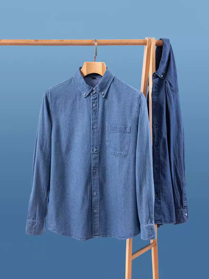 2023 new denim shirt buckle collar long sleeve casual men's tremolo fast hand a generation of retro Joker shirt
