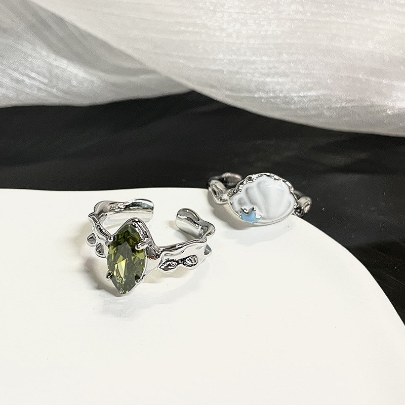 Luochen Olive Zircon Ring for Women Fashionable Personality Mix and Match Adjustable Open Ring Versatile Jewelry