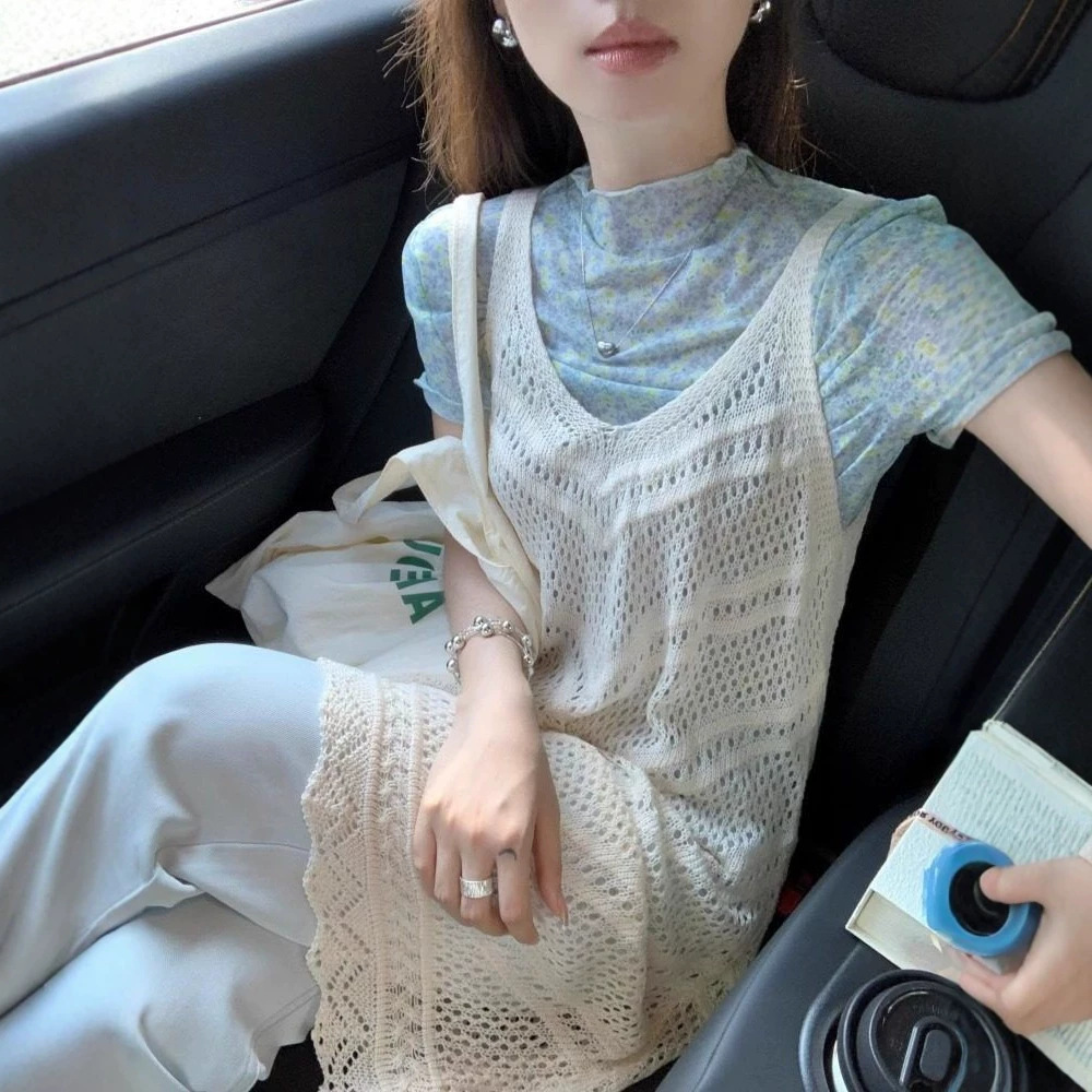 French-Style Elegant Knitted Hollow-Out Design Dress for Women, New Summer Model, Slim Fit, V-Neck, Sleeveless Long Dress, White