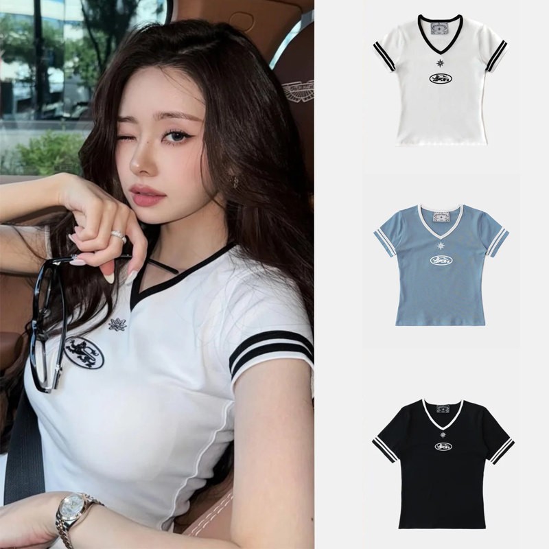 Korean Badblood Bcac Series Spicy Girl V-Neck Short-Sleeved T-Shirt for Women with Niche Design and Sporty Casual Tops
