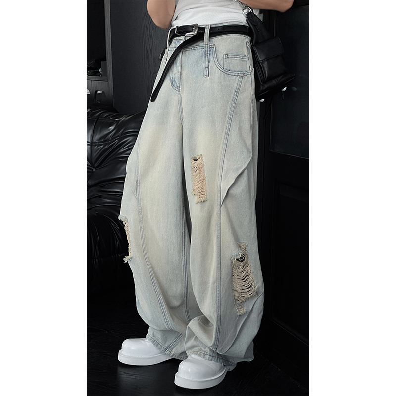 Longtaodao's New Spring and Summer Original Design Washed Ripped Jeans Men's American High Street Casual Scimitar