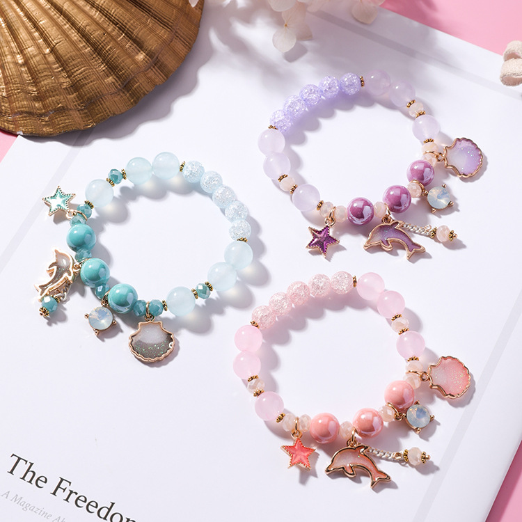 Korean style sweet ocean holiday style dolphin shell bracelet fashion pink crystal floral crystal bracelet small fresh bracelet for women