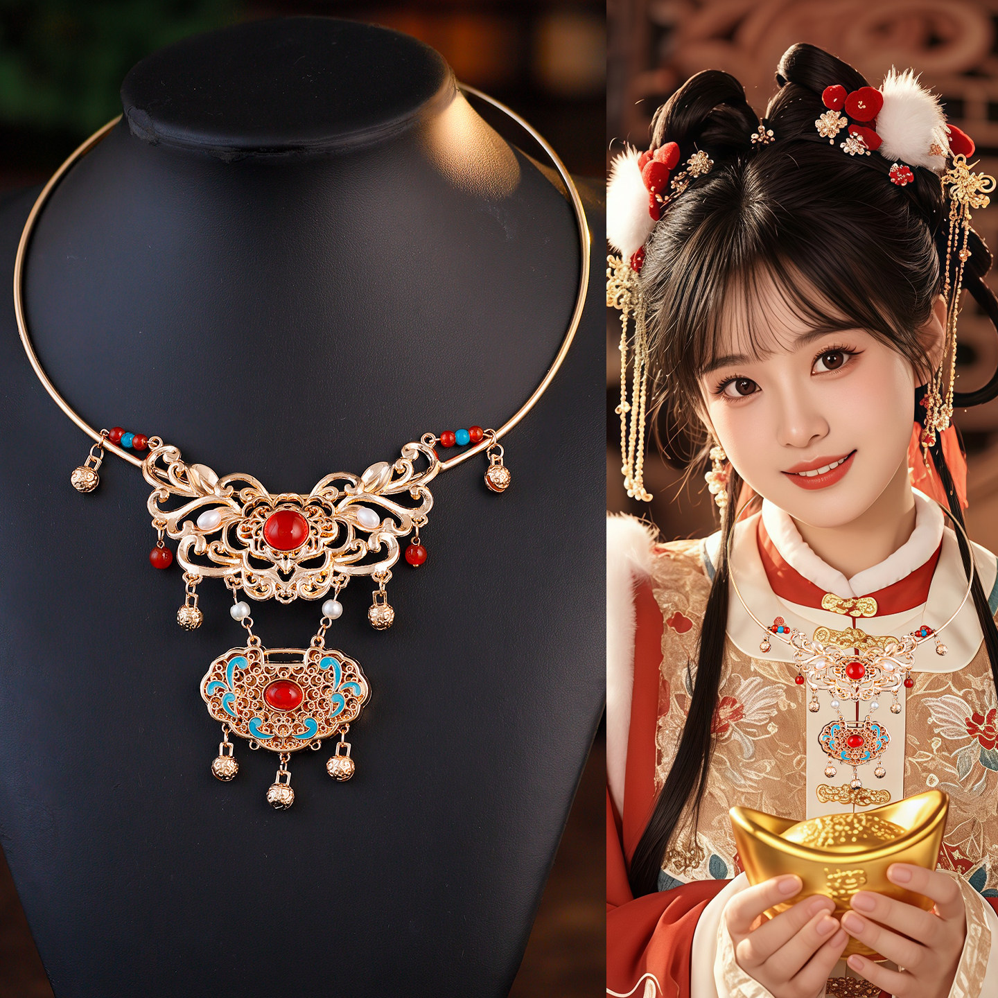 Ancient Style Hanfu Elegant Ancient Costume Everyday Versatile Tassel Peace Lock Necklace Retro Palace Style Golden Tassel Necklace