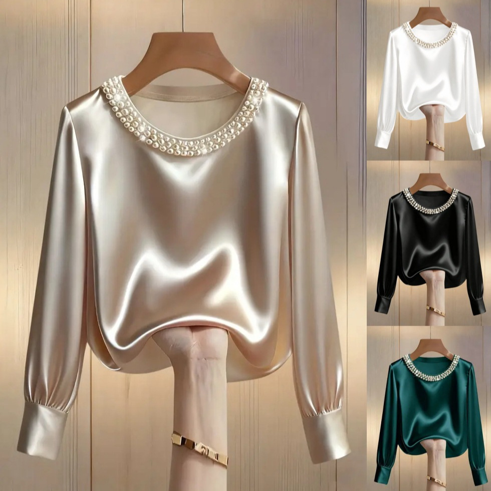2026 Independent Site Wish Amazon Spring/Summer French-Style High-End Pearl Round-Neck Satin Shirt Top for Women