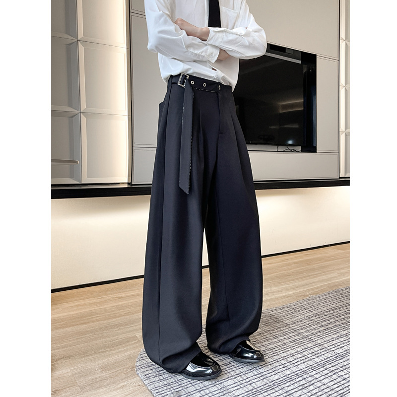 Old Money Style Belt-Draped Casual Trousers for Men, Summer Plus-Size Trendy Brand Loose High-End Feel, Wide-Leg Floor-Length Pants