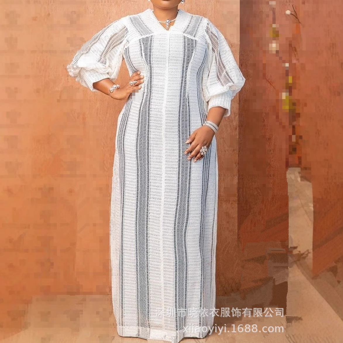 Amazon Cross-Border Foreign Trade European and American New Style Plus-Size Long-Sleeved Women's Lace Loose Socialite-Style Dress Gown