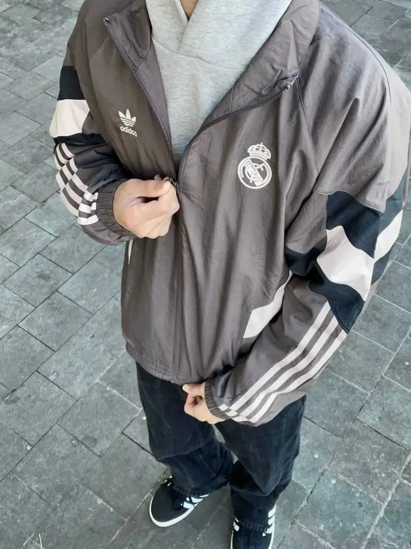 AD originals REAL MADRID TRACK Outdoor Casual Colorblocked Stripe Sport Zipper Stand Collar American Vintage Jacket Jacket Royal Madrid