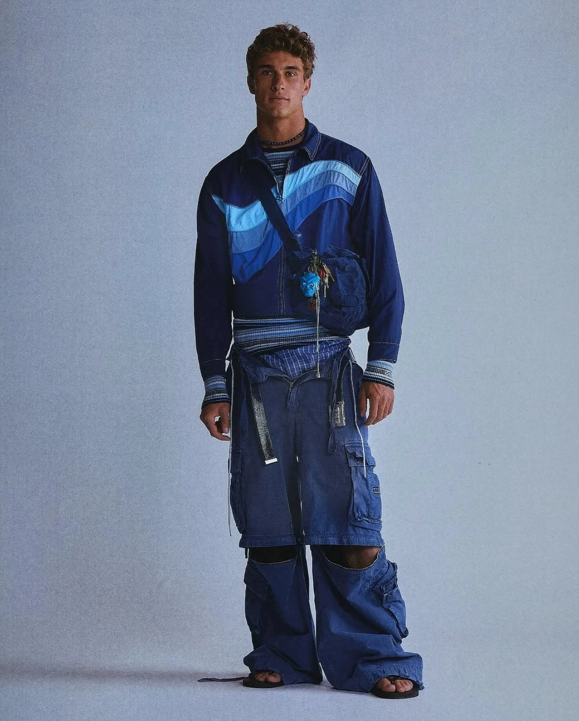 ERL style French blue washed drawstring YKK zipper detachable pocket street vintage Cargo workwear pants