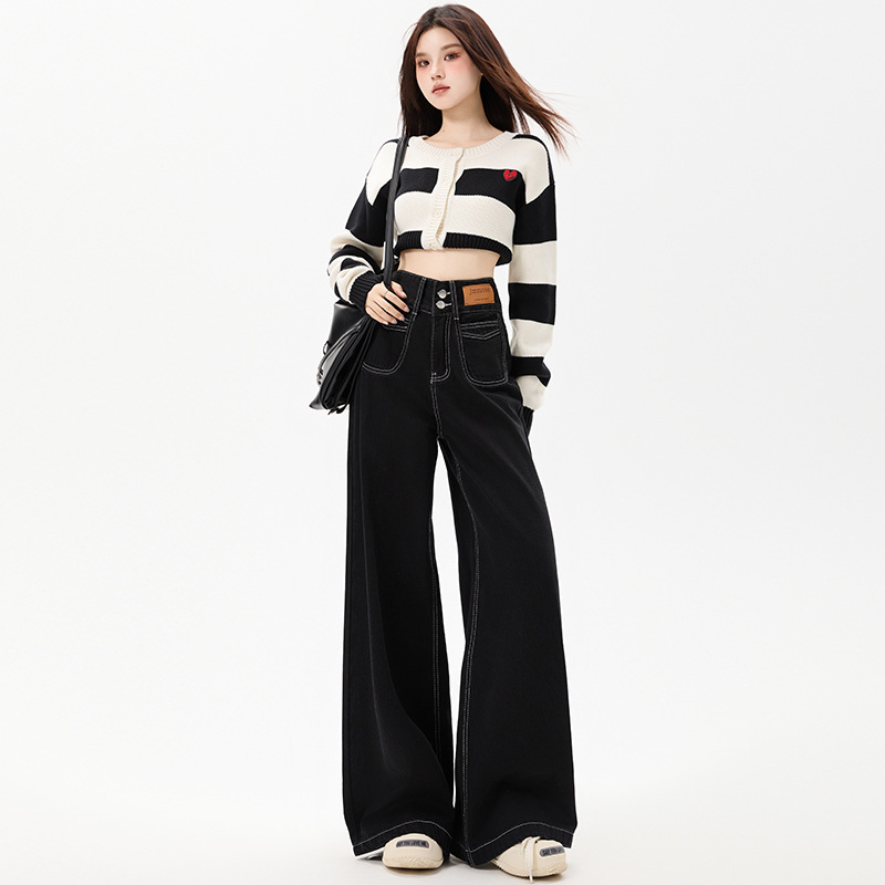 Black Wide-Leg Jeans for Women, Spring and Autumn 2026 New Style, High-Waisted, Loose Straight-Cut, American High Street Style, Floor-Length Pants