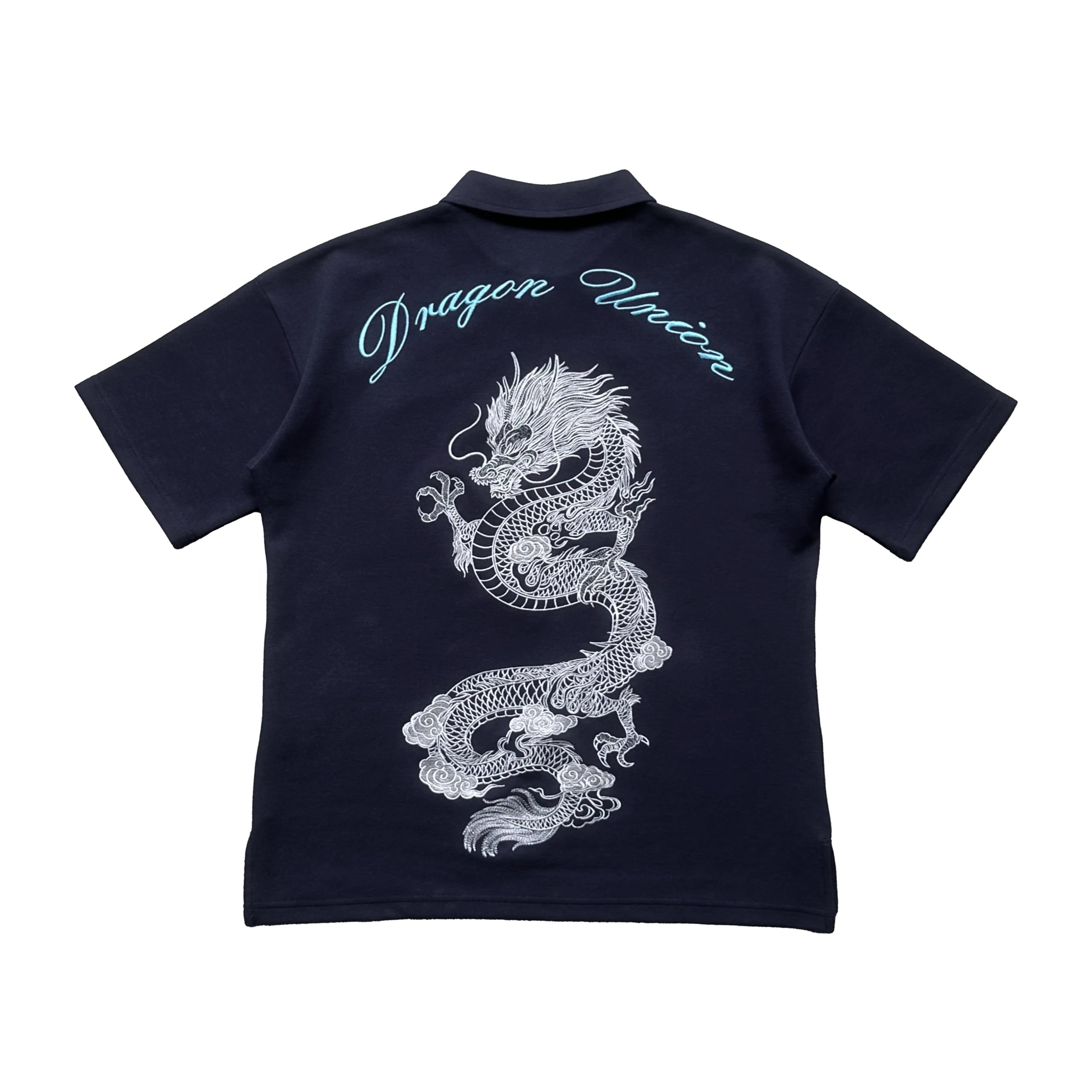 Boxy Dragon Embroidery Polo - INDIGO 200000 Pin Large Dragon Embroidered POLO Shirt Navy Blue