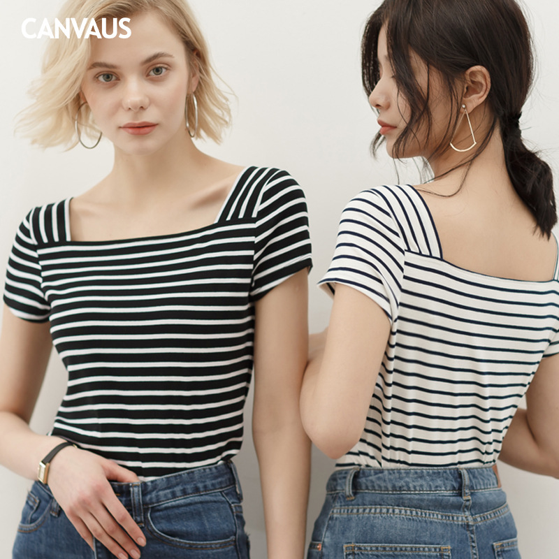 European Style Women's Striped T-Shirt Knitted Top One-Piece Wholesale K1058A Square Neck Short Sleeve