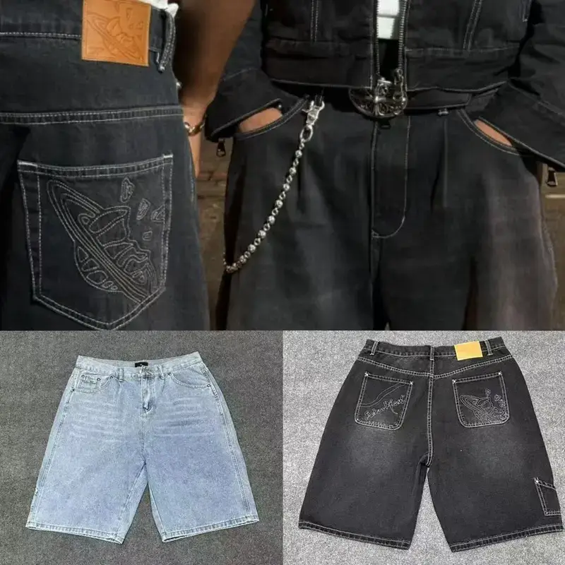 Maychao Broken Planet Planet Embroidery Denim Summer Loose Casual Men and Women Straight Shorts
